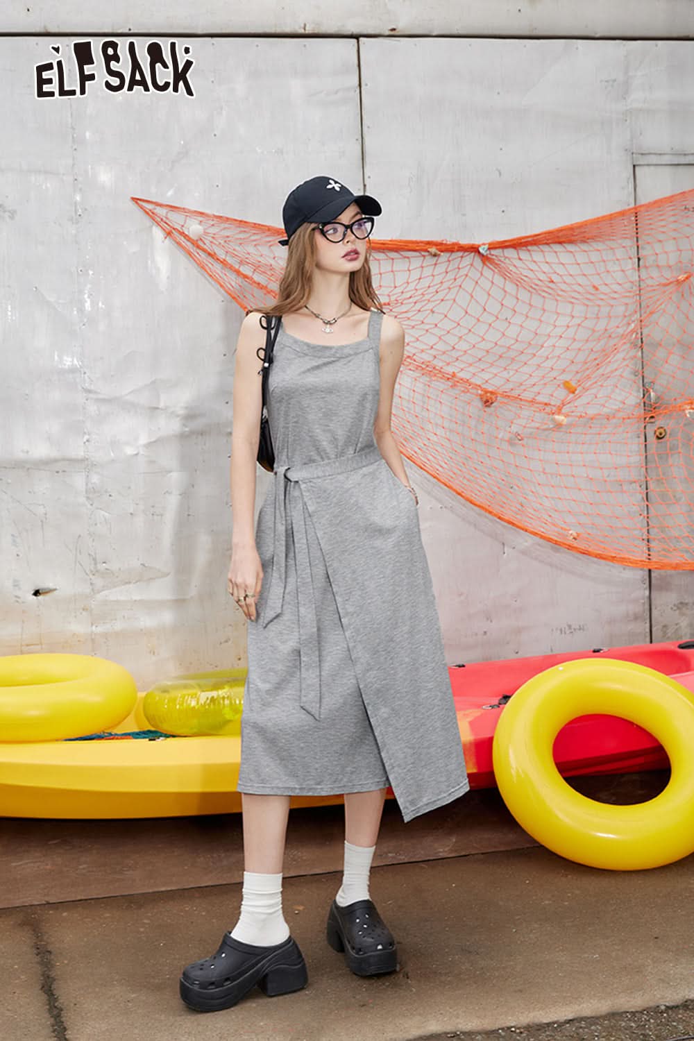 ELFSACK Grey casual camisole dress, sleeveless vest dress