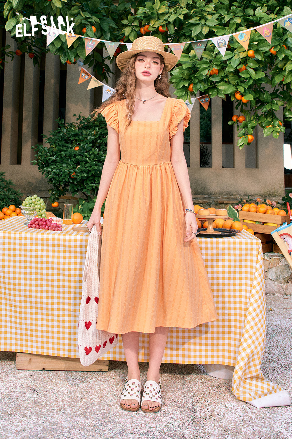 ELFSACK Puff sleeve French square neck slim waist dress