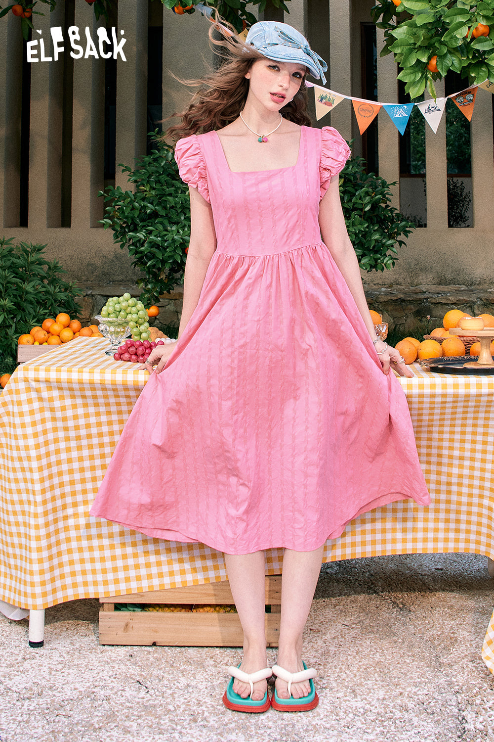 ELFSACK Puff sleeve French square neck slim waist dress