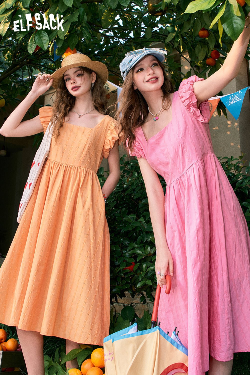ELFSACK Puff sleeve French square neck slim waist dress