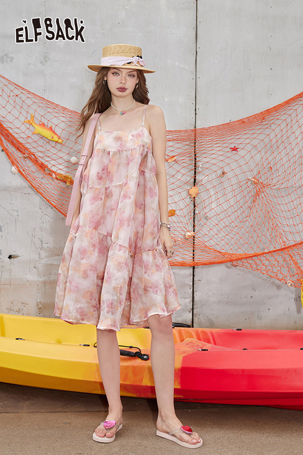 ELFSACK Pink tie dye floral suspender dress, women's sweet vacation style dress
