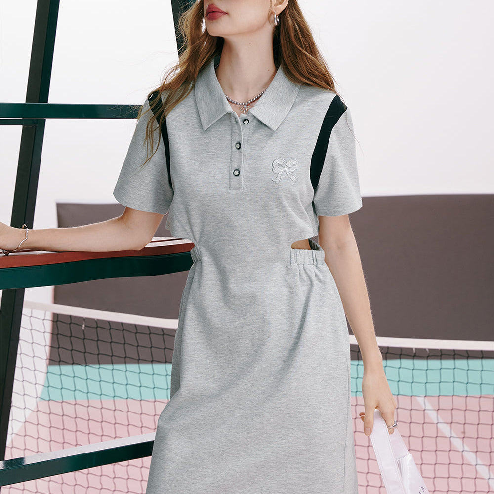 
                  
                    ELFSACK 2024 summer new arrival Gray lapel hollow casual sports style small size slim skirt T-shirt dress for women
                  
                