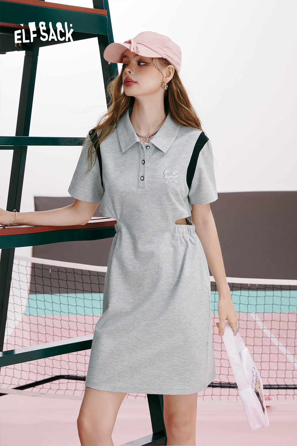 ELFSACK Gray lapel hollow casual sports style small size slim skirt T-shirt dress
