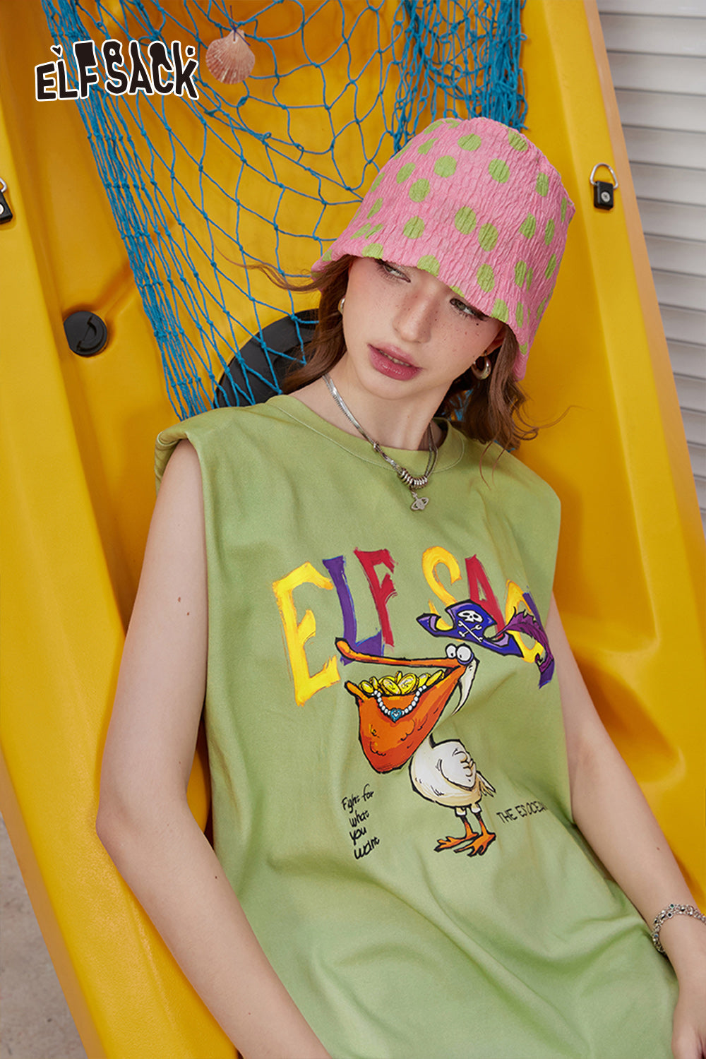 ELFSACK Sleeveless dress with gradient printed back and hollowed out women's casual skirt