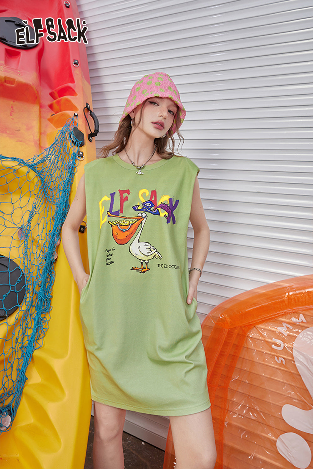 ELFSACK Sleeveless dress with gradient printed back and hollowed out women's casual skirt