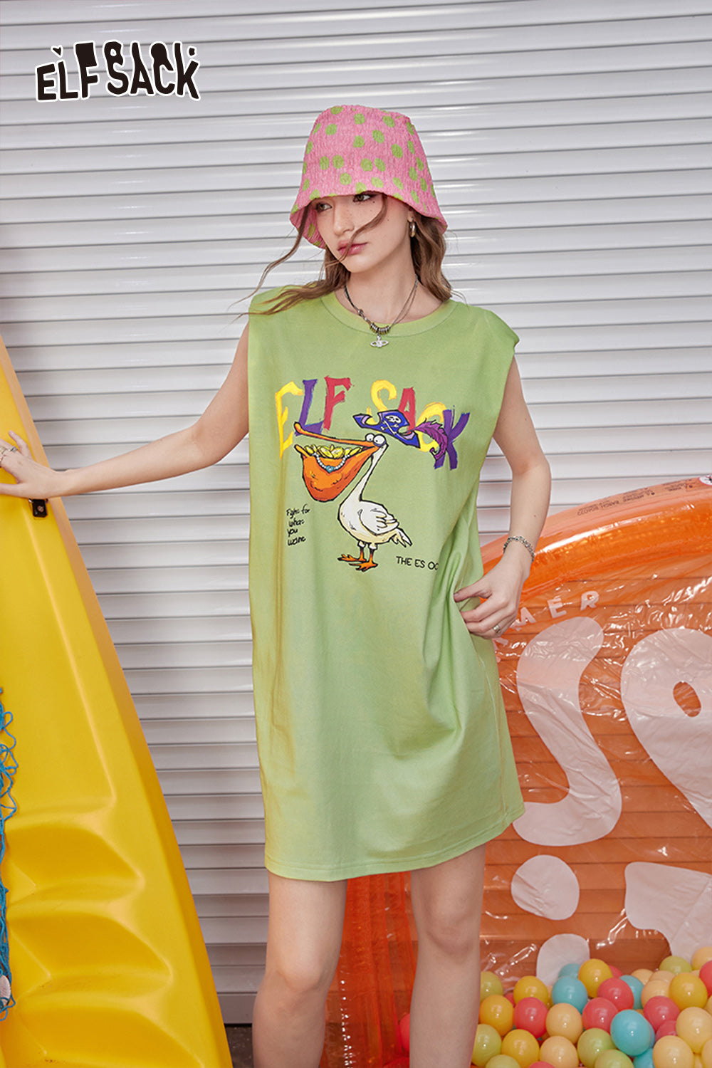 ELFSACK Sleeveless dress with gradient printed back and hollowed out women's casual skirt