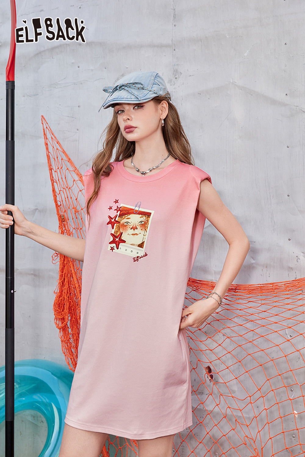ELFSACK Sleeveless dress with gradient printed back and hollowed out women's casual skirt