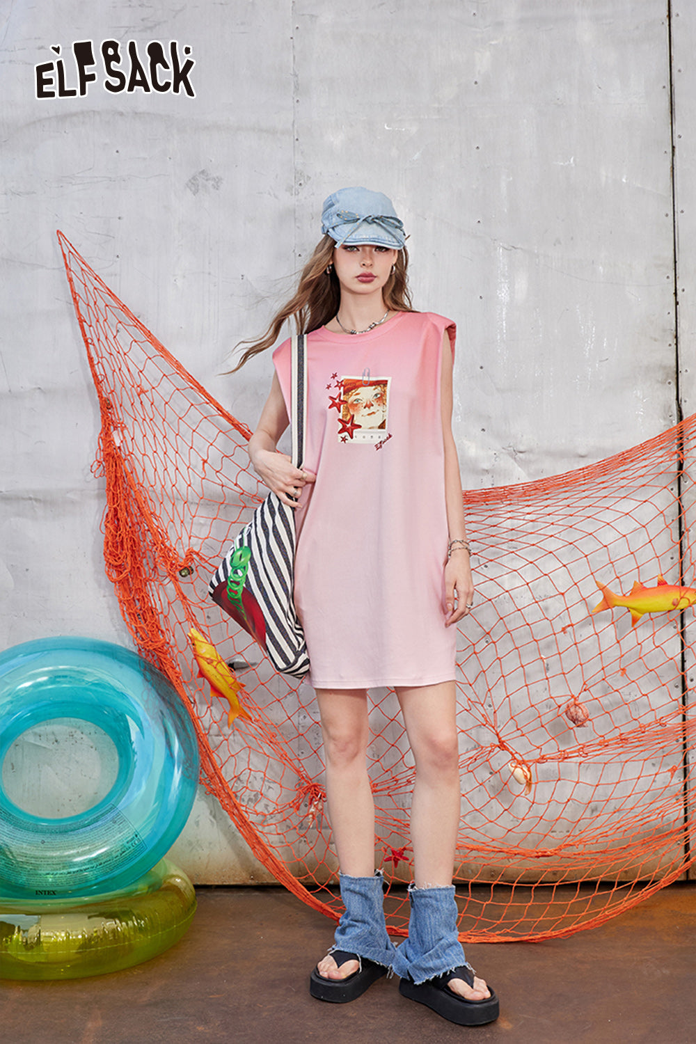 ELFSACK Sleeveless dress with gradient printed back and hollowed out women's casual skirt