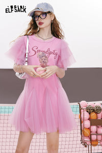 ELFSACK Pink mesh gentle style bear print letter princess t-shirt dress