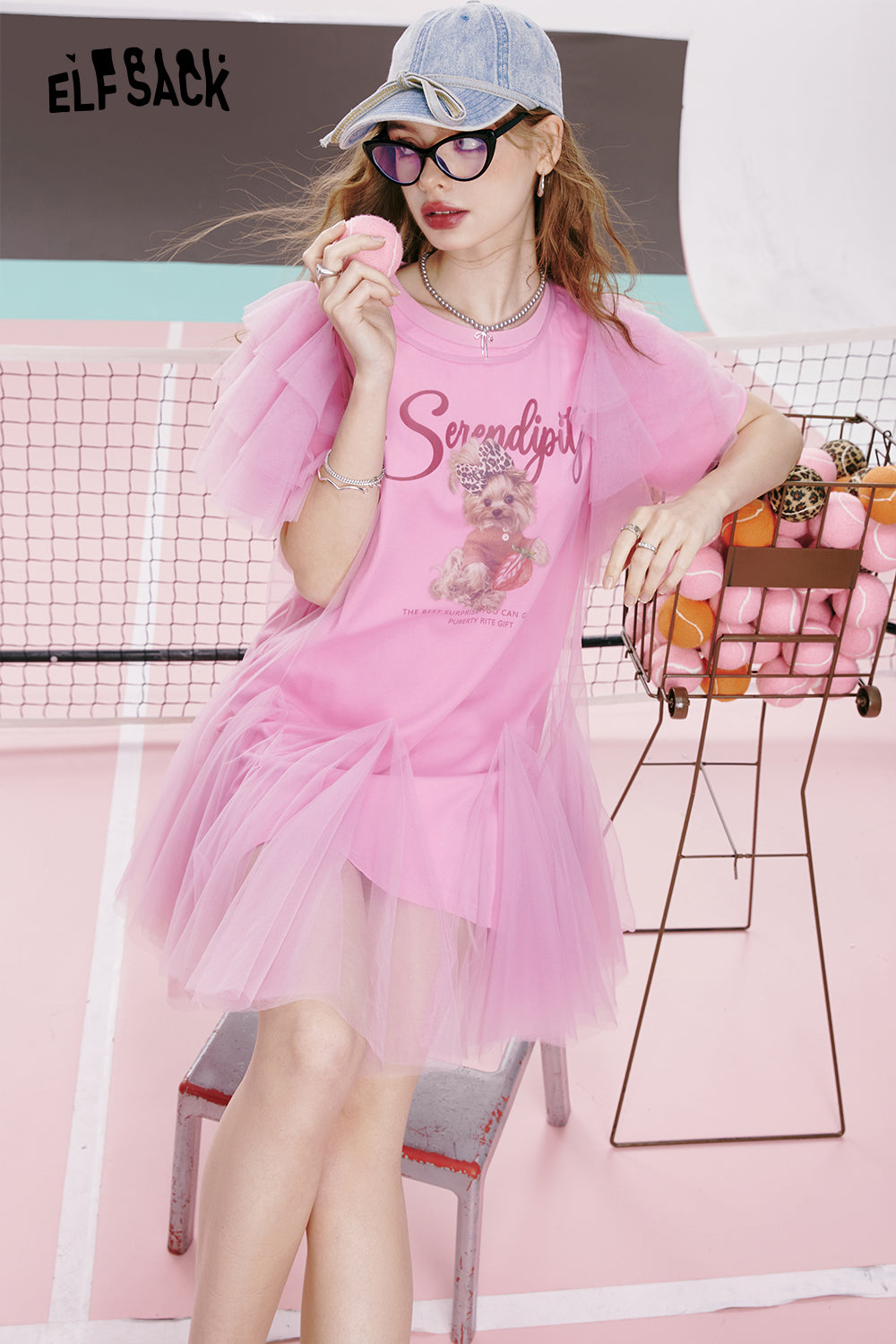 ELFSACK Pink mesh gentle style bear print letter princess t-shirt dress
