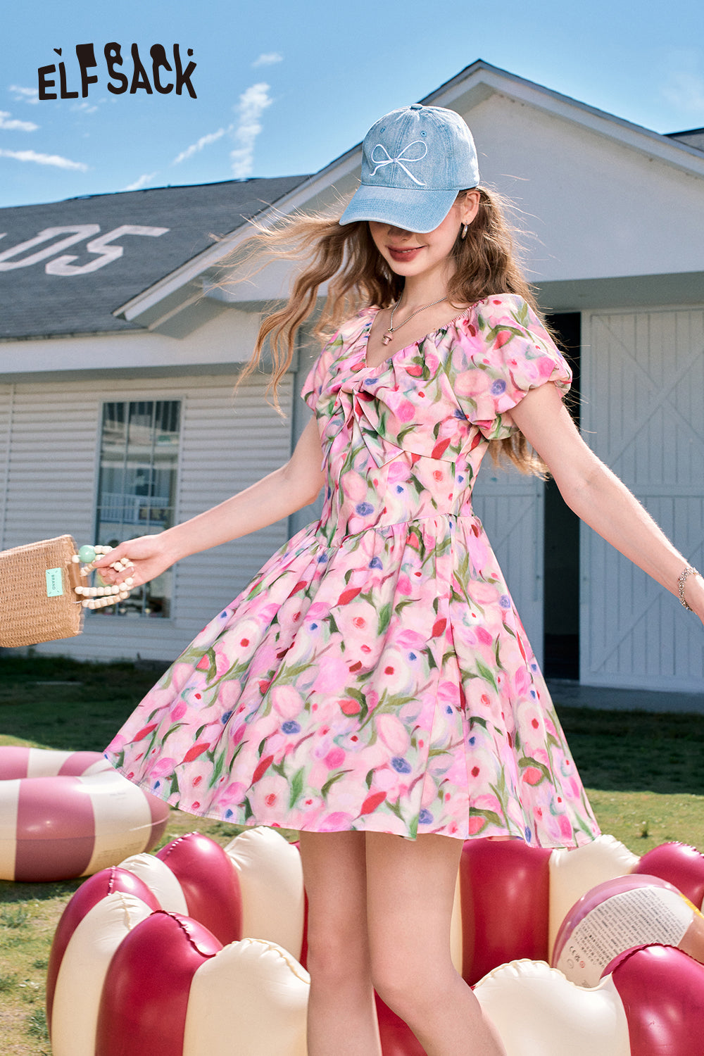 ELFSACK French V-neck pink floral waist slimming princess dress
