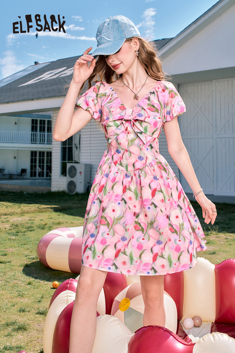 ELFSACK French V-neck pink floral waist slimming princess dress
