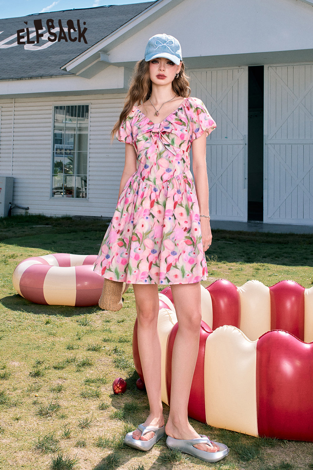 ELFSACK French V-neck pink floral waist slimming princess dress
