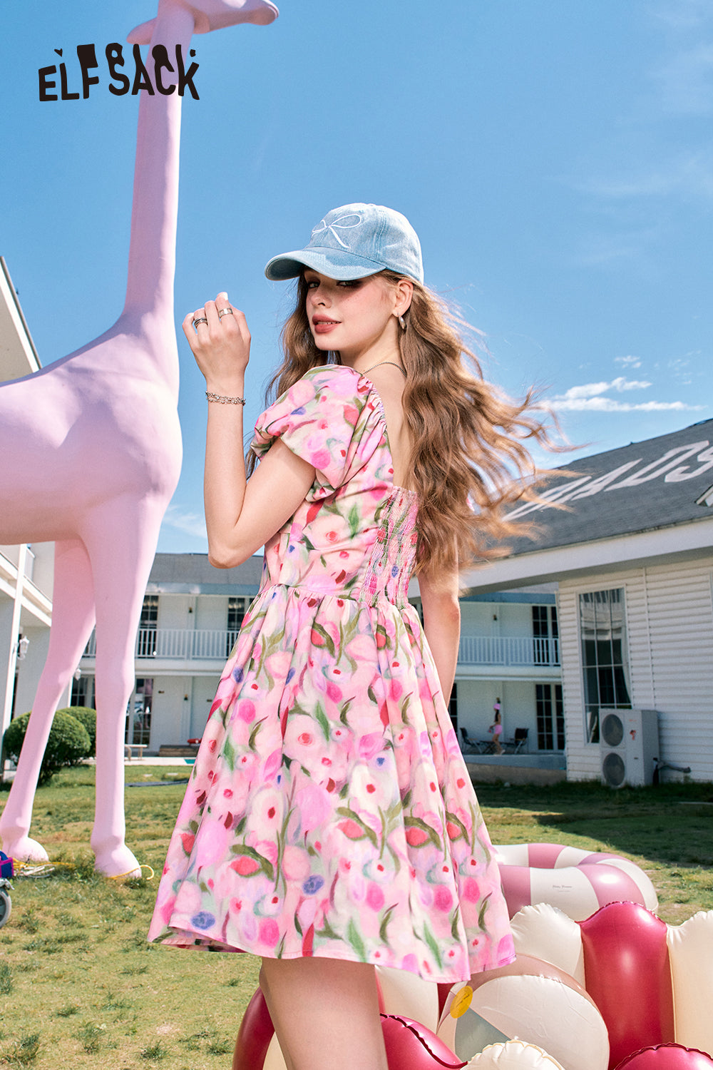ELFSACK French V-neck pink floral waist slimming princess dress