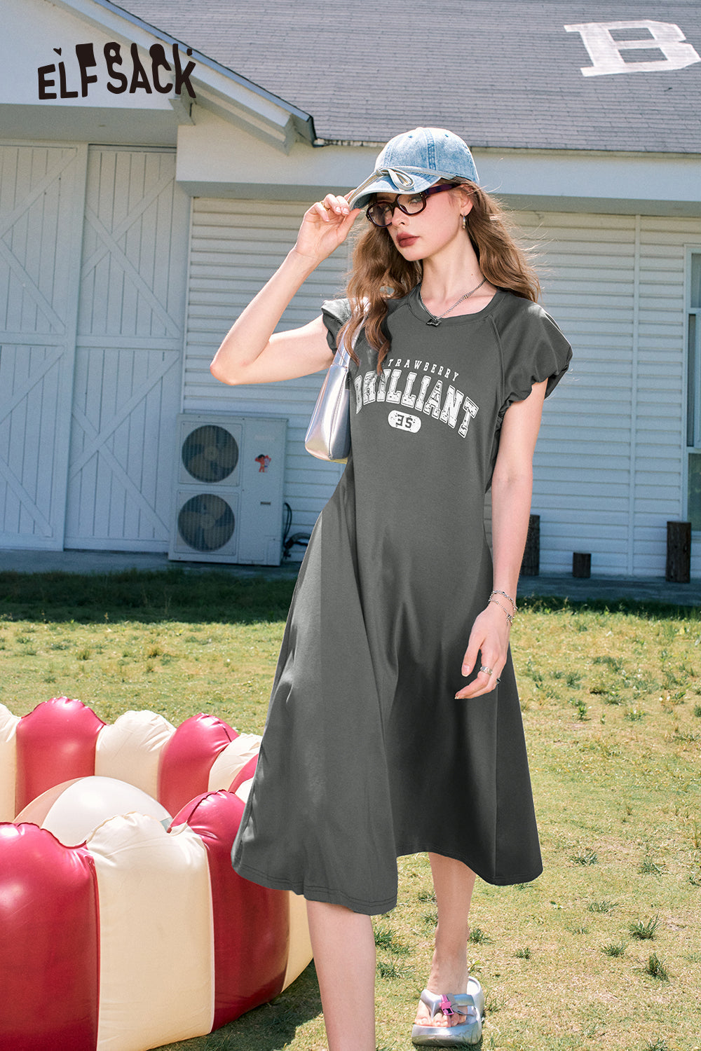ELFSACK Letter print grey sports style sexy casual slim T-shirt dress