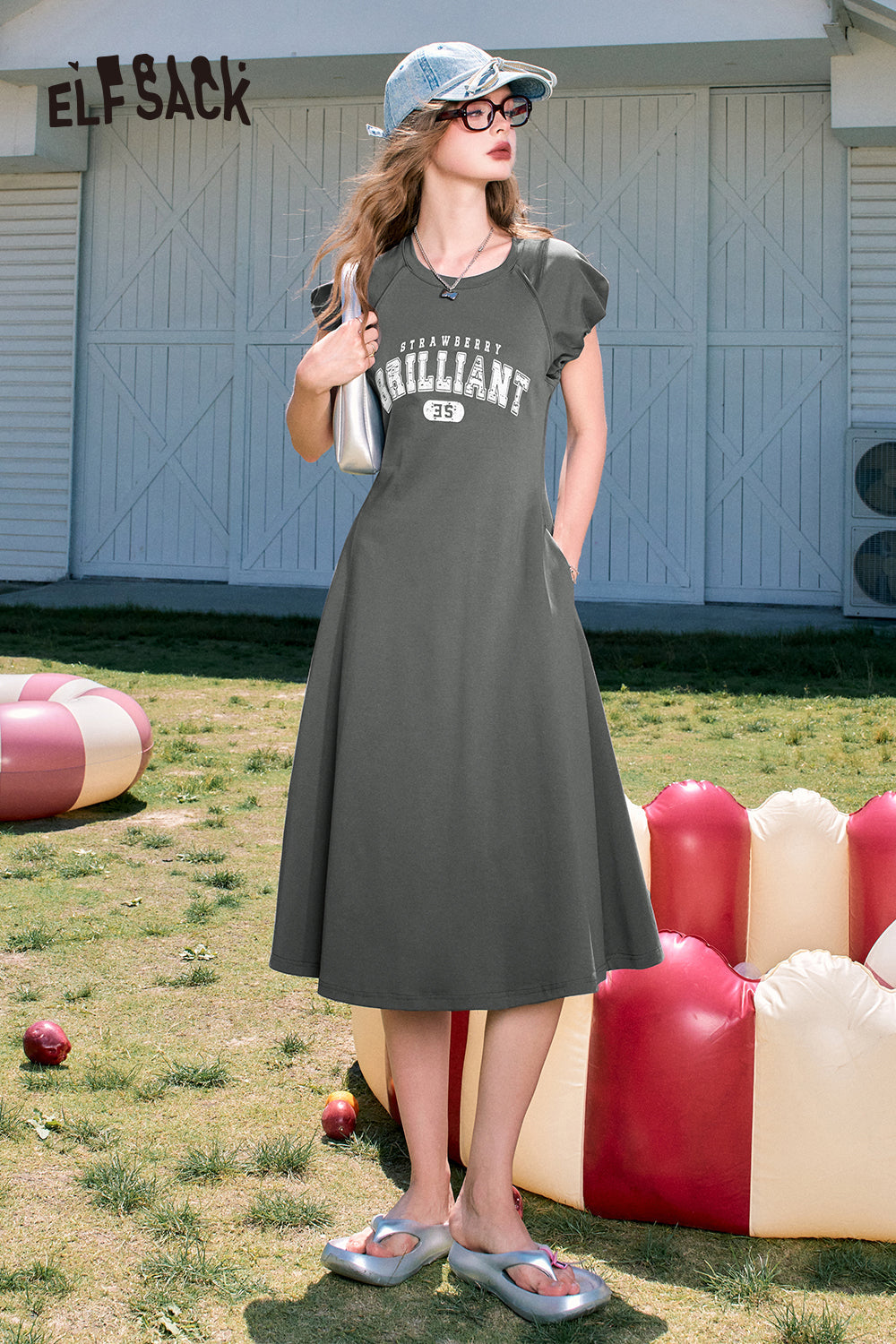 ELFSACK Letter print grey sports style sexy casual slim T-shirt dress