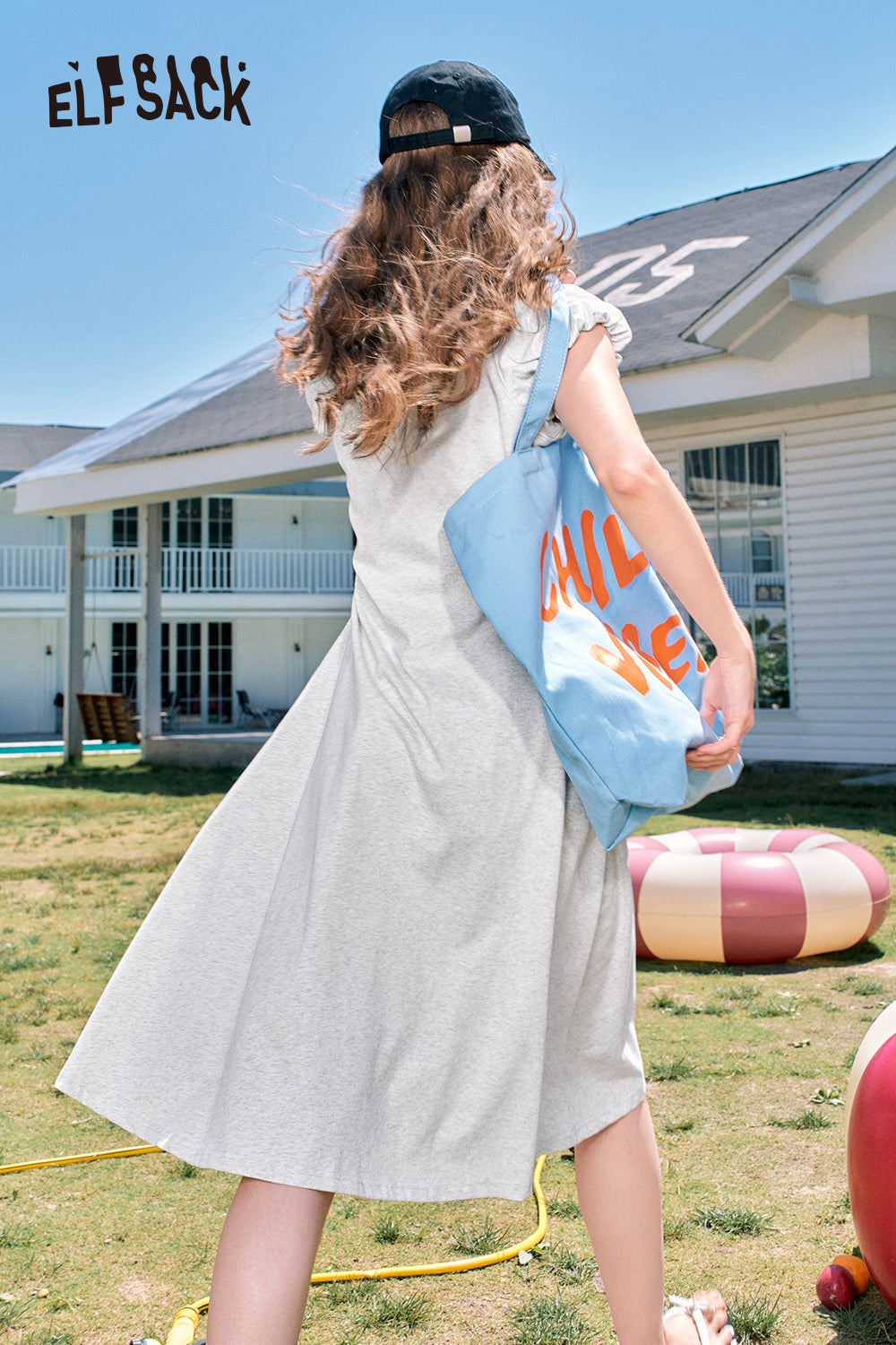 ELFSACK Letter print grey sports style sexy casual slim T-shirt dress