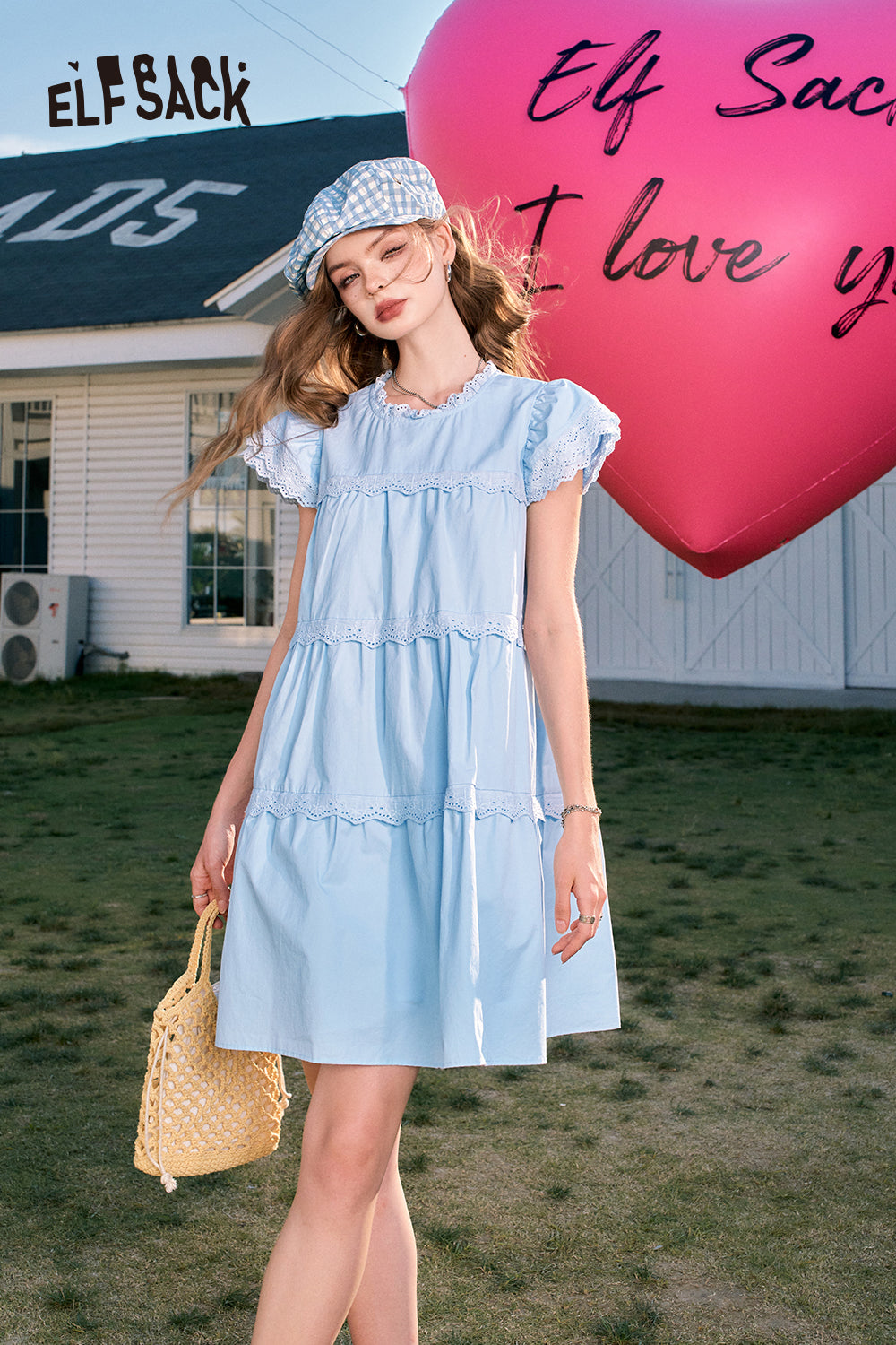 ELFSACK Cute style temperament slim lace sleeves small princess blue A-line dress