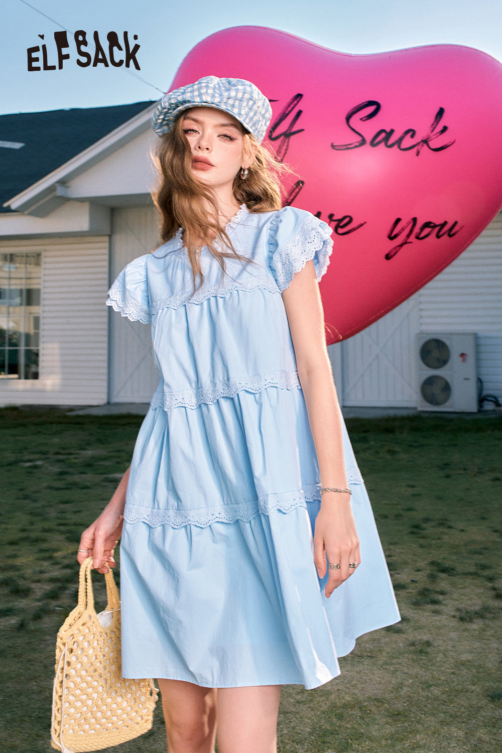 ELFSACK Cute style temperament slim lace sleeves small princess blue A-line dress