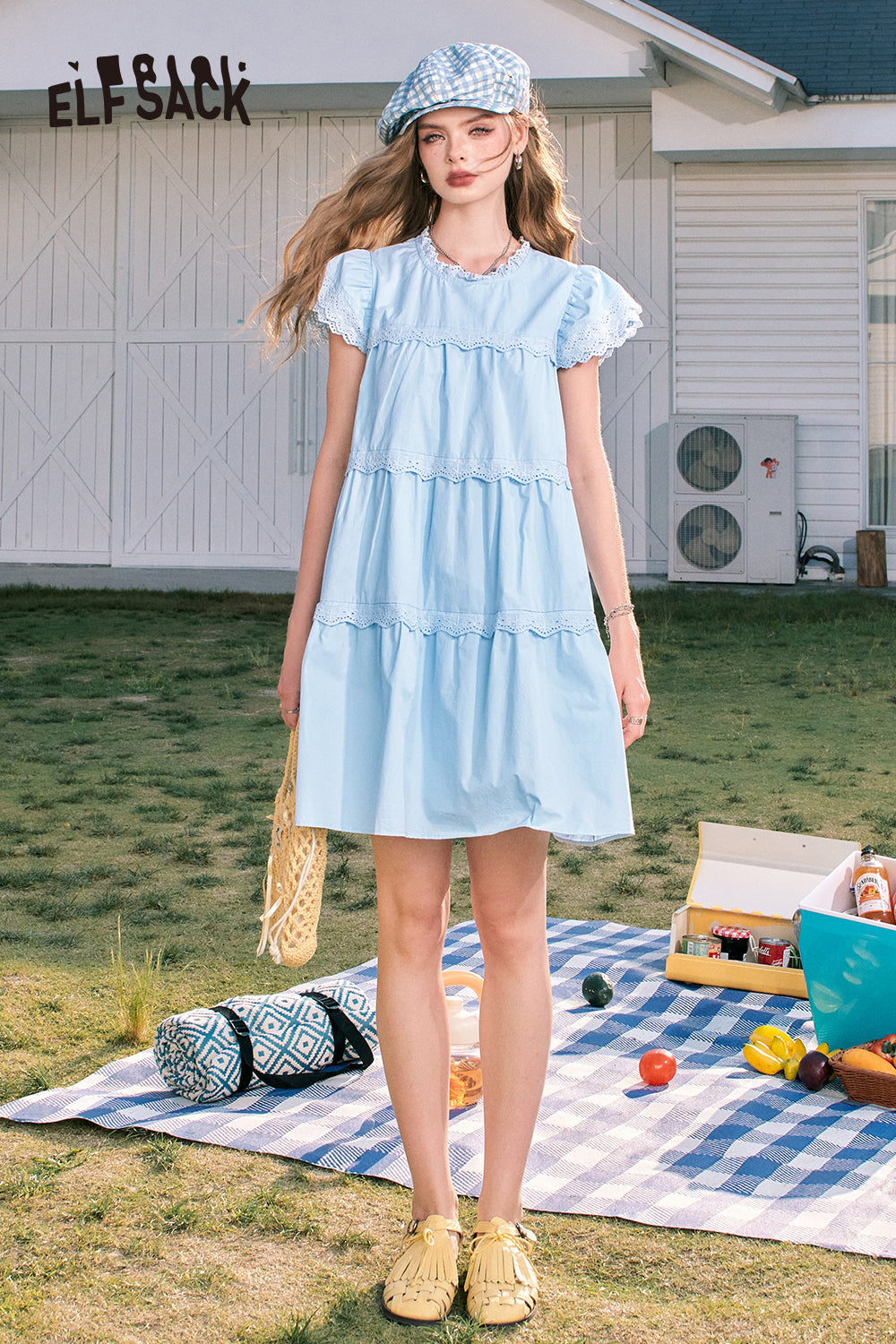 ELFSACK Cute style temperament slim lace sleeves small princess blue A-line dress