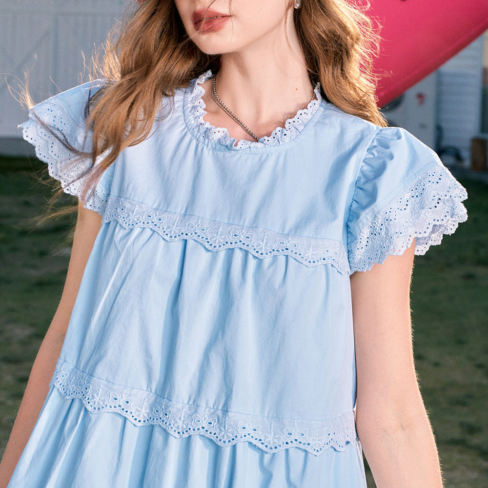 
                  
                    ELFSACK 2024 Summer New Arrivals Cute style temperament slim lace sleeves small princess blue A-line dress for women
                  
                