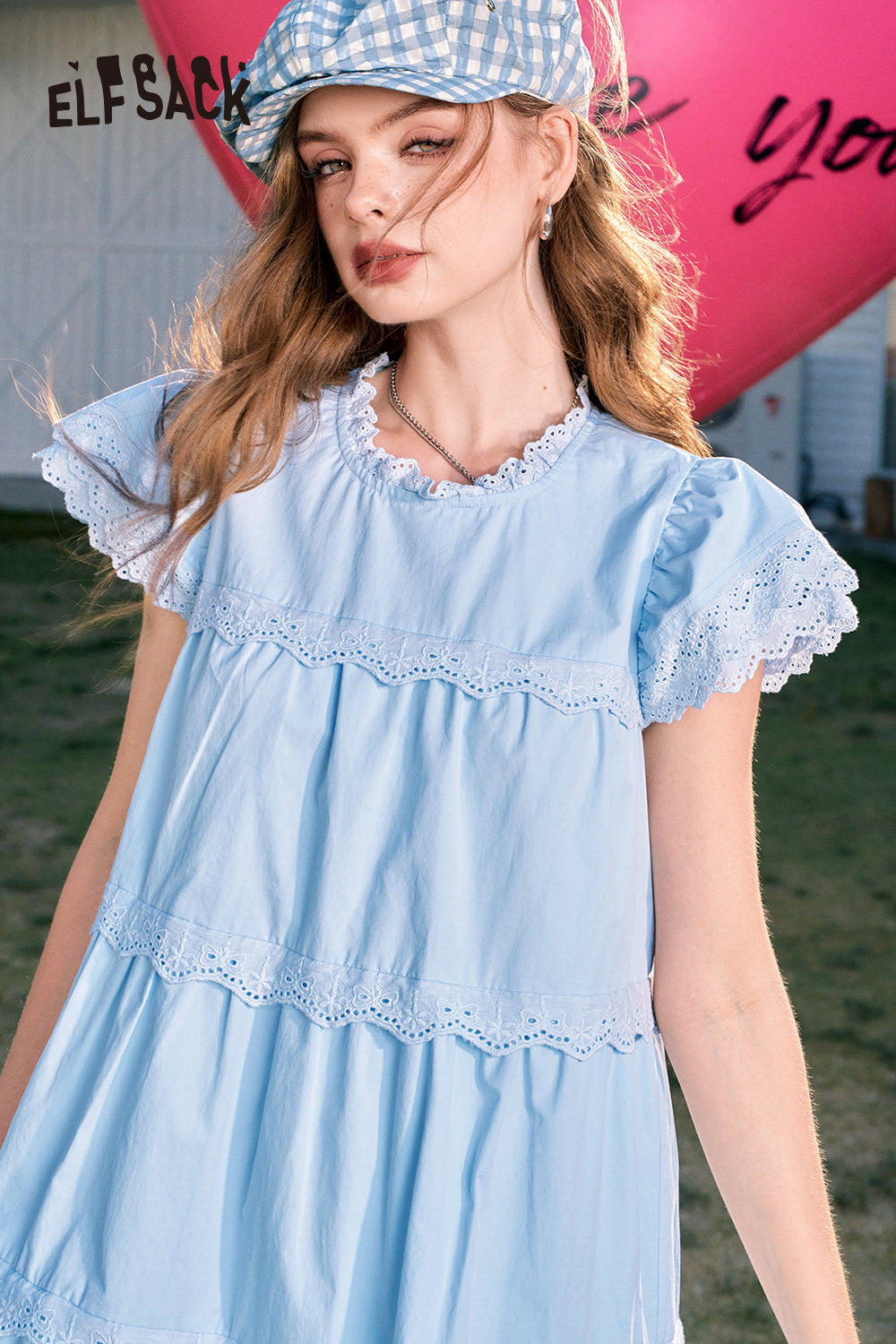 ELFSACK Cute style temperament slim lace sleeves small princess blue A-line dress