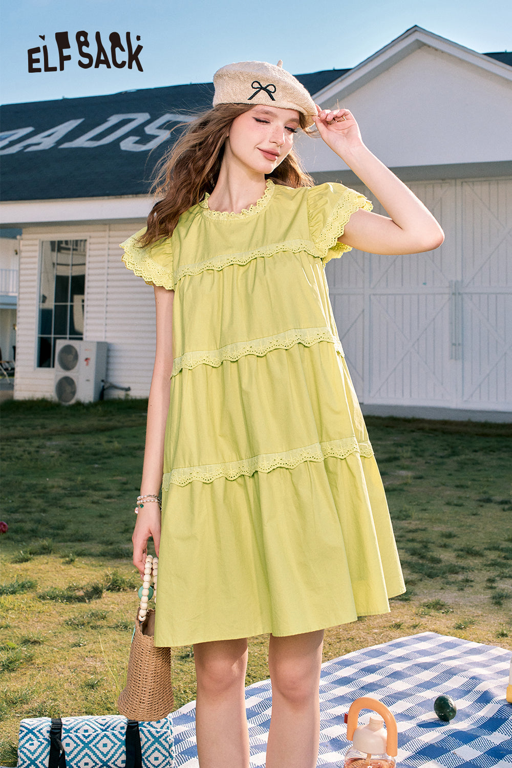 ELFSACK Cute style temperament slim lace sleeves small princess blue A-line dress