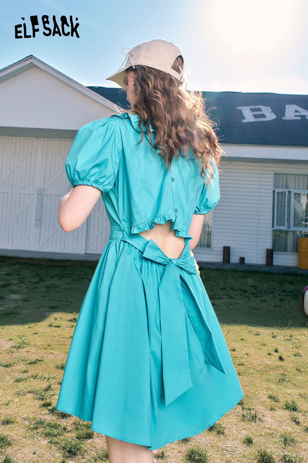 ELFSACK Puff sleeve hollow square neck slim temperament princess dress