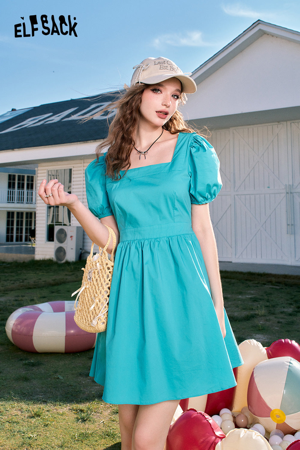 ELFSACK Puff sleeve hollow square neck slim temperament princess dress