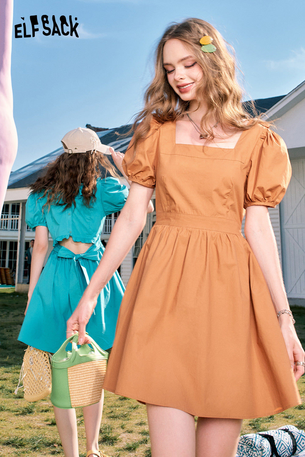 ELFSACK Puff sleeve hollow square neck slim temperament princess dress