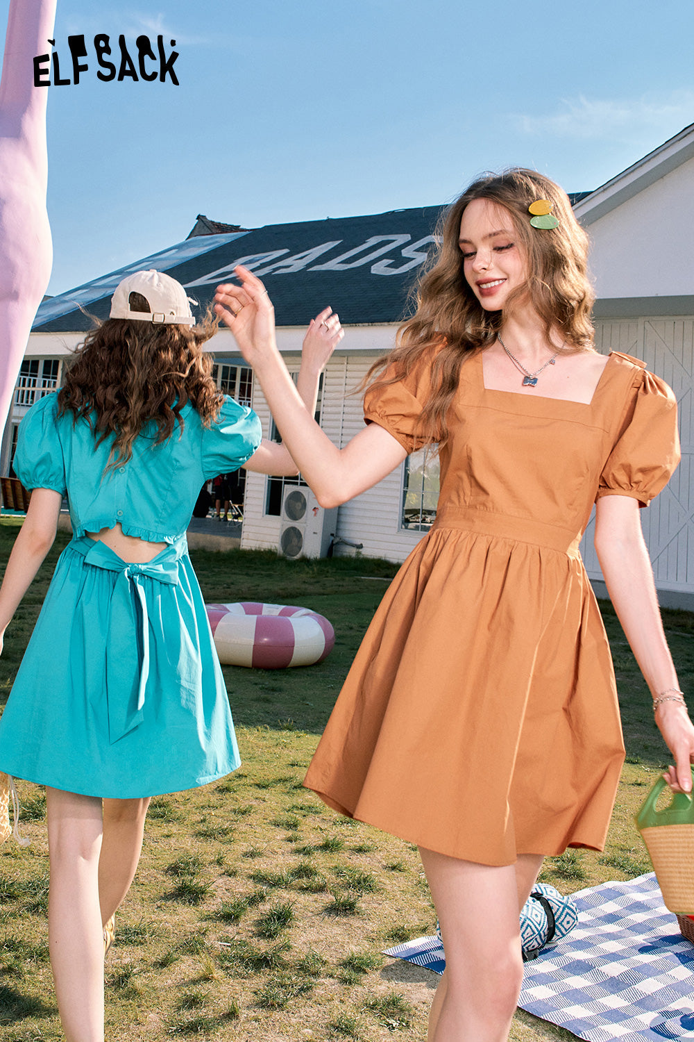 ELFSACK Puff sleeve hollow square neck slim temperament princess dress