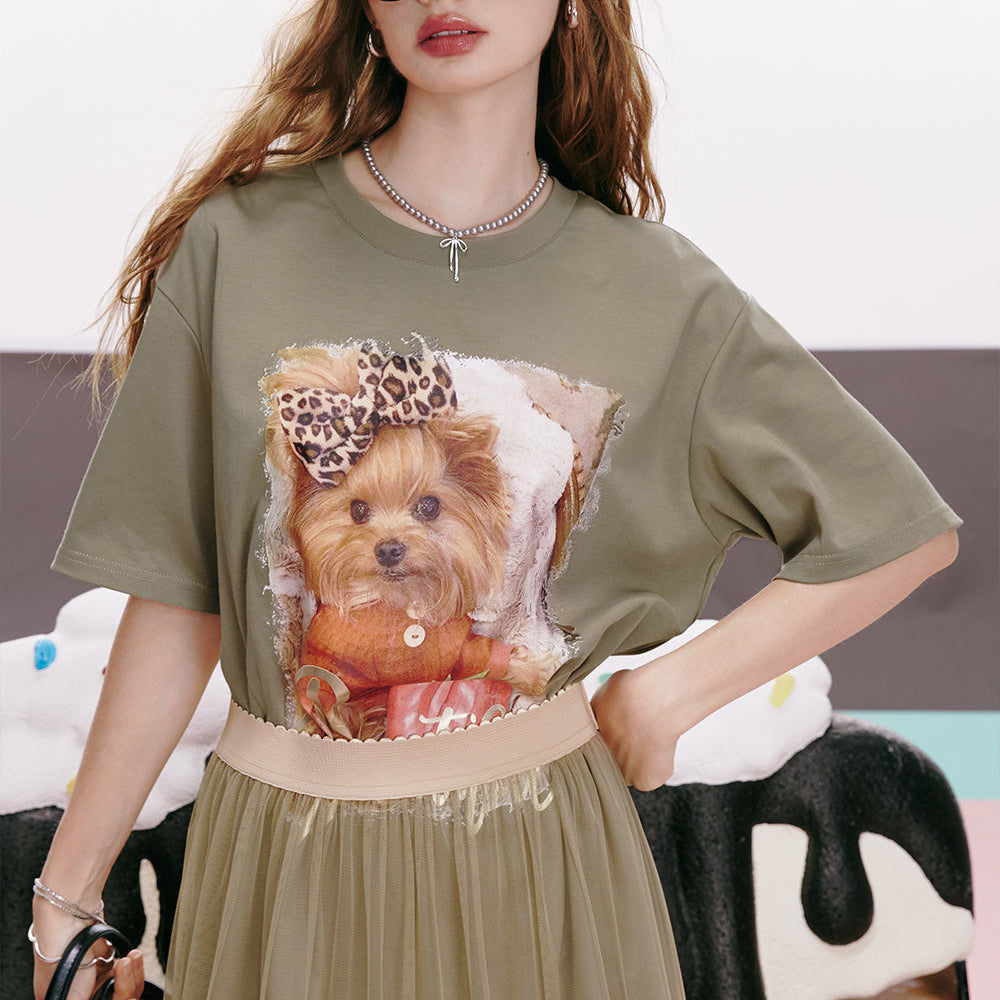 
                  
                    ELFSACK 2024 summer new arrival Mesh puppy print age-reducing gentle and cute casual slim T-shirt dress for women
                  
                