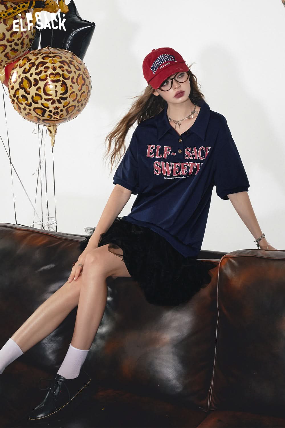 ELFSACK Mesh and teal letter print polo collar preppy dress