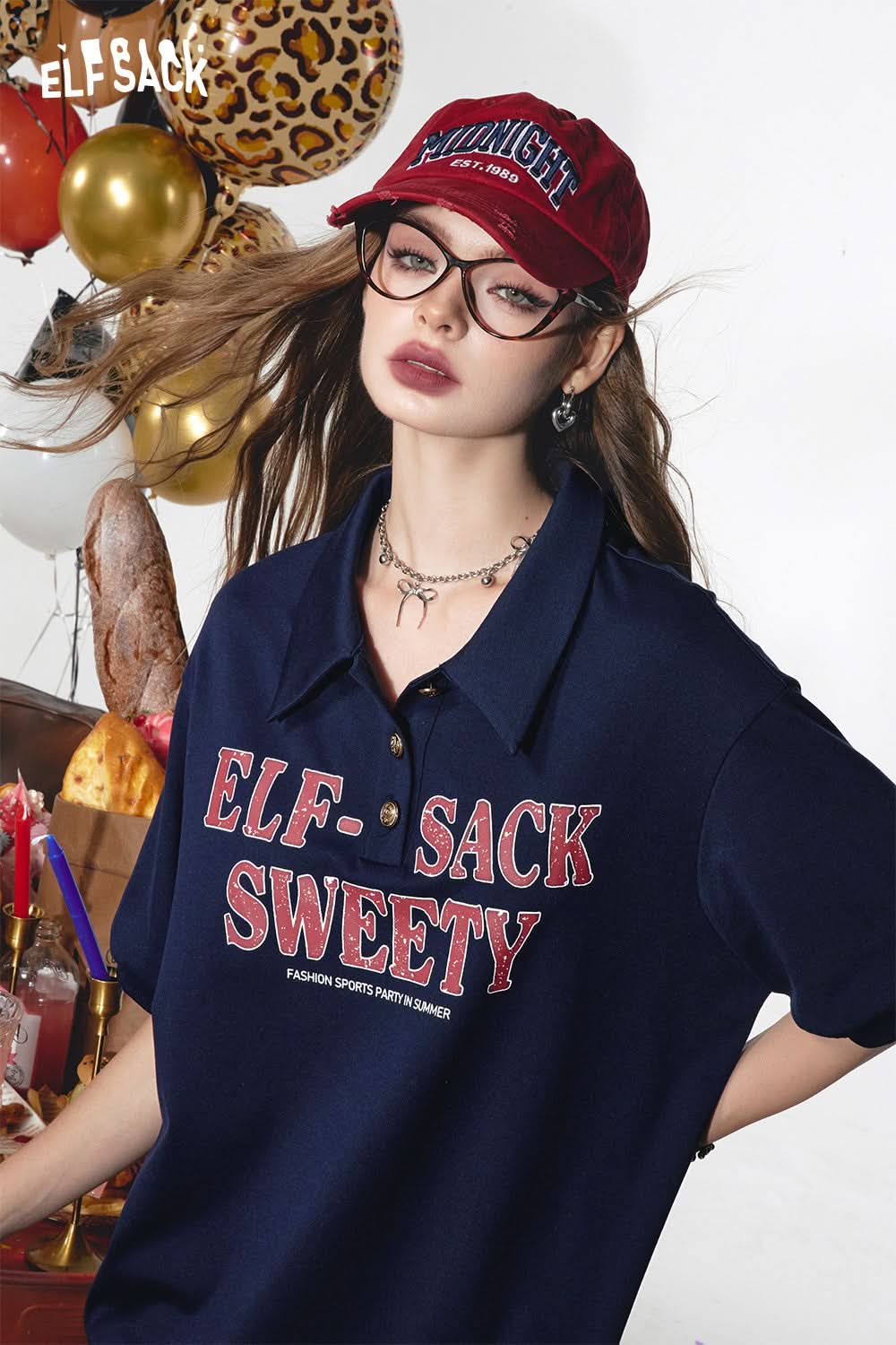 ELFSACK Mesh and teal letter print polo collar preppy dress
