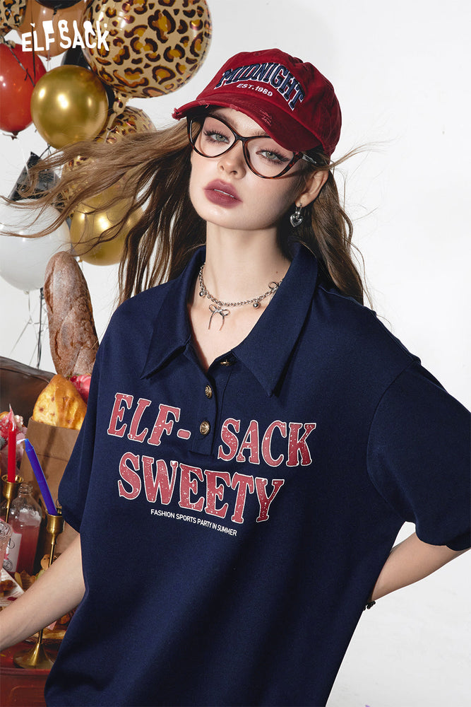 
                  
                    2024 Summer ELFSACK New Arrivals Mesh and teal letter print polo collar preppy dress for women
                  
                