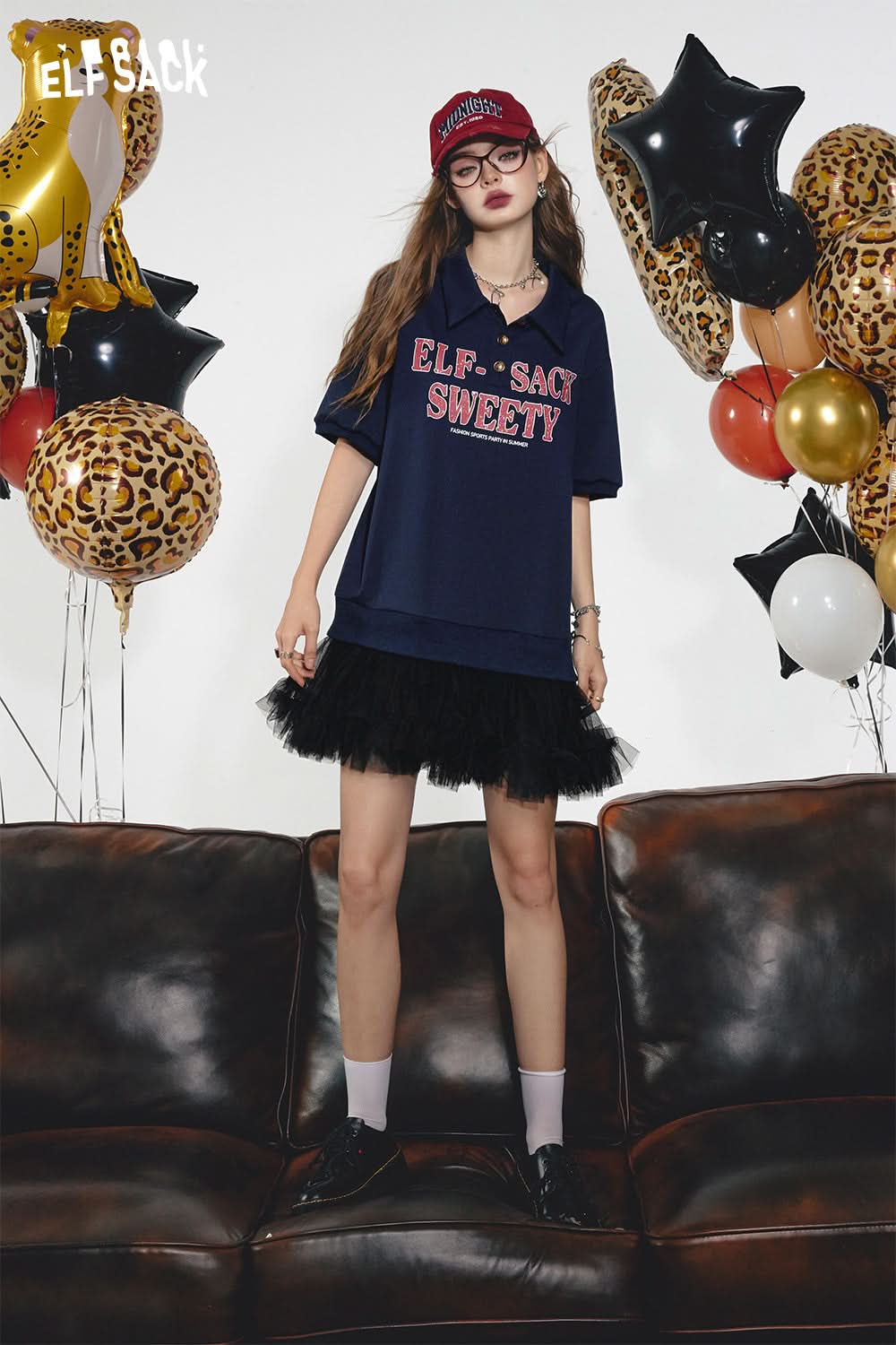 ELFSACK Mesh and teal letter print polo collar preppy dress