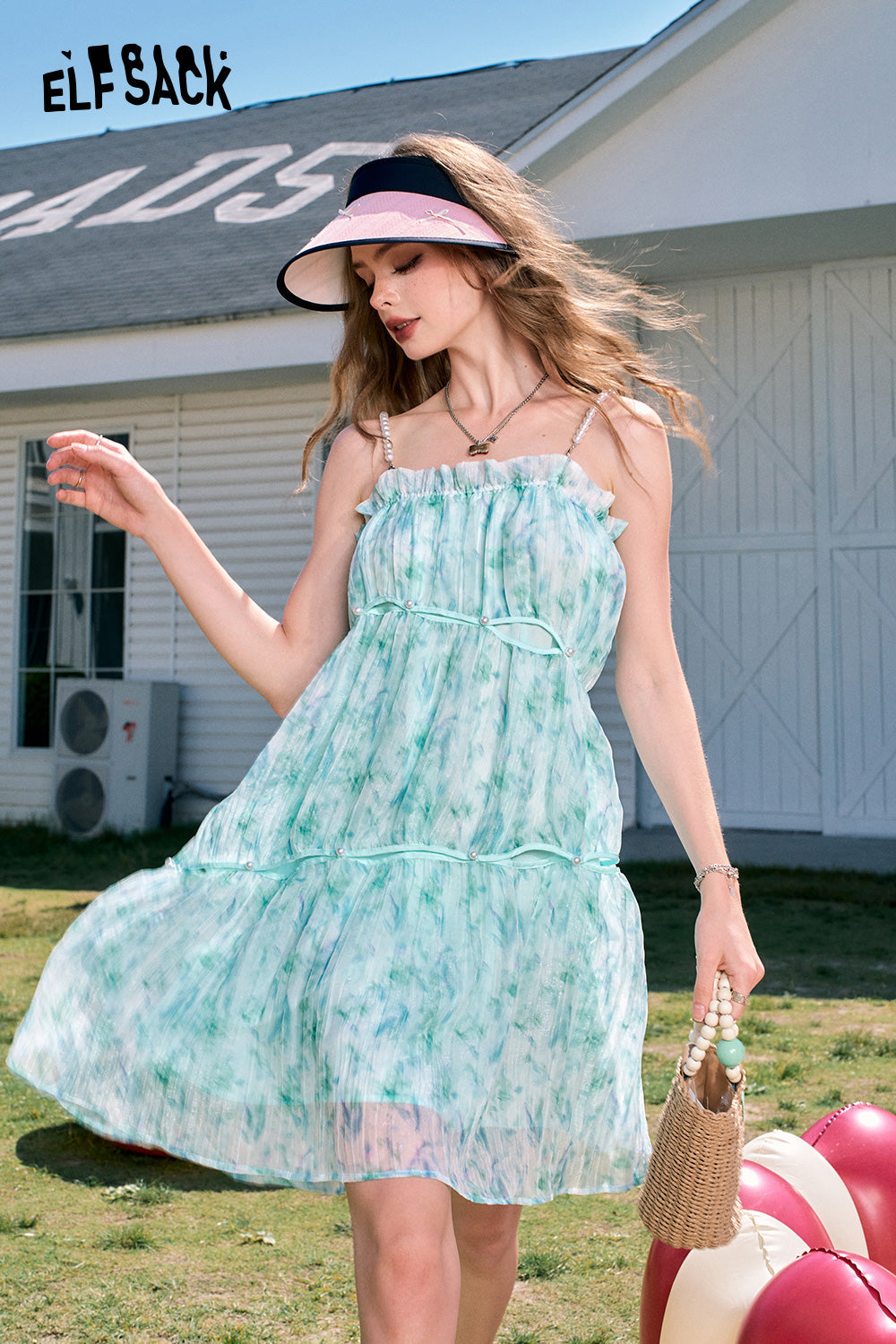 ELFSACK Blue Printed Cute Princess Style Sleeveless Slim Sweet Chiffon Suspender Dress