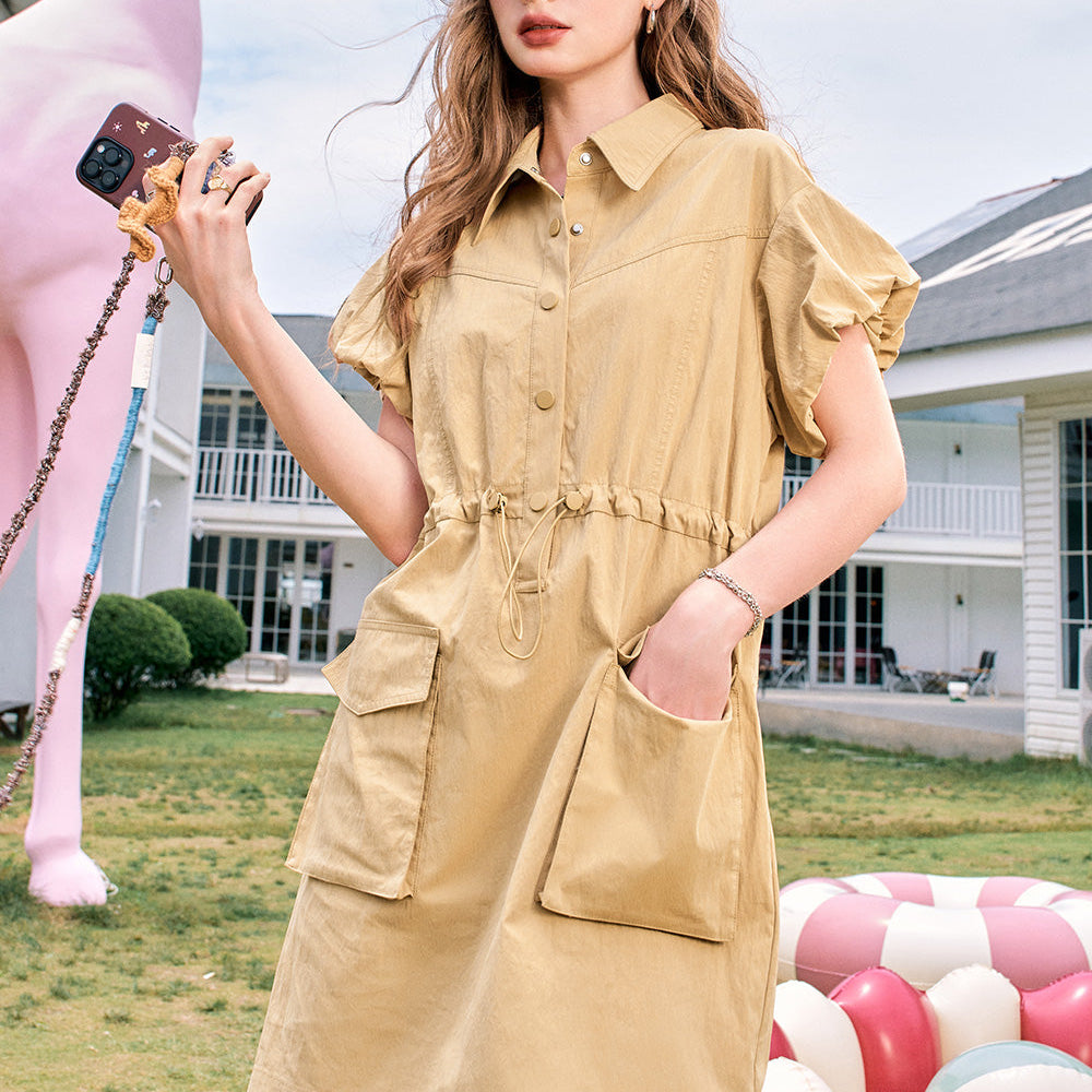 ELFSACK 2024 Summer New Arrivals Flying sleeves khaki waisted lapel casual slim workwear style dress for women