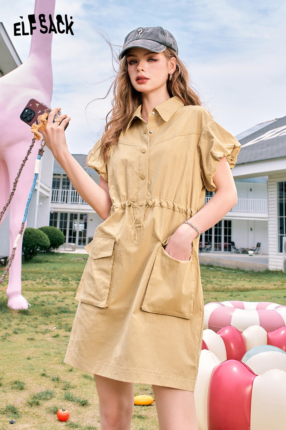 ELFSACK 2024 Summer New Arrivals Flying sleeves khaki waisted lapel casual slim workwear style dress for women