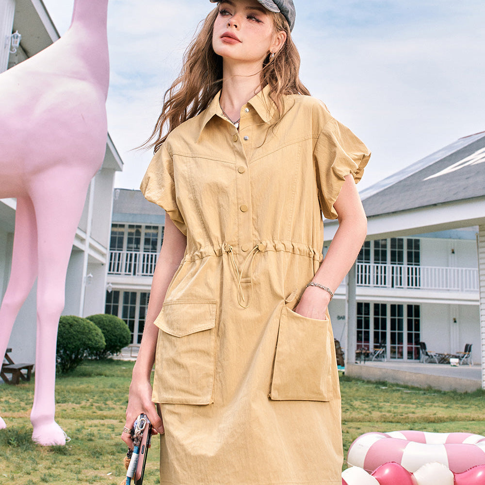 ELFSACK 2024 Summer New Arrivals Flying sleeves khaki waisted lapel casual slim workwear style dress for women