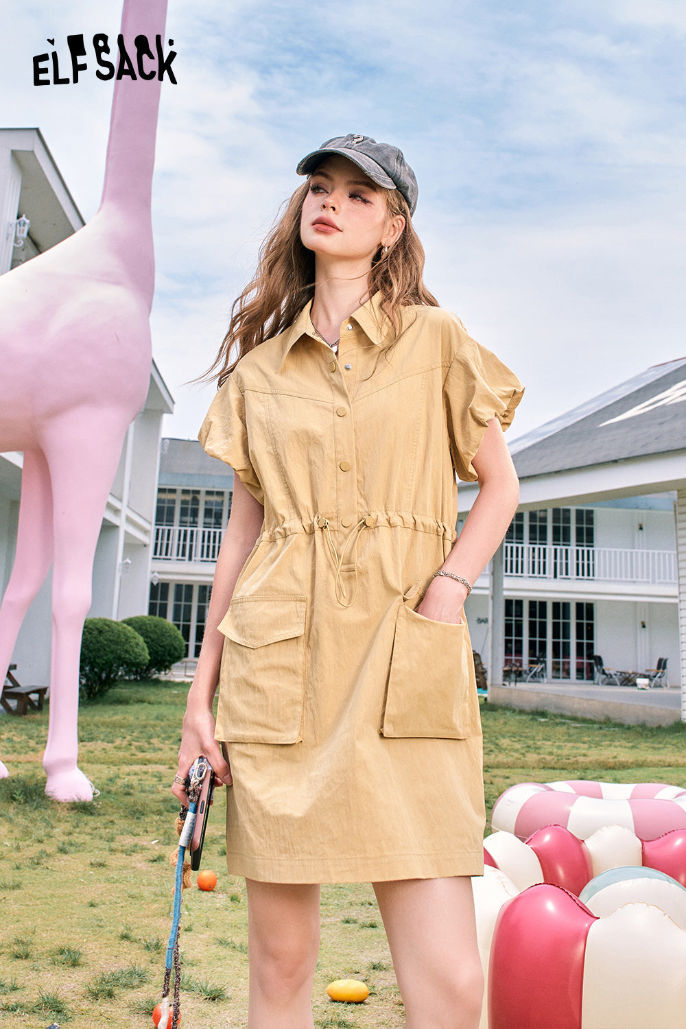 ELFSACK 2024 Summer New Arrivals Flying sleeves khaki waisted lapel casual slim workwear style dress for women