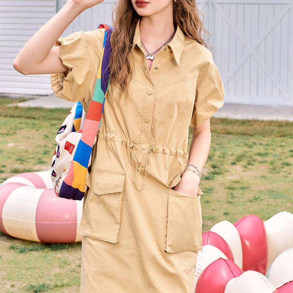 
                  
                    ELFSACK 2024 Summer New Arrivals Flying sleeves khaki waisted lapel casual slim workwear style dress for women
                  
                