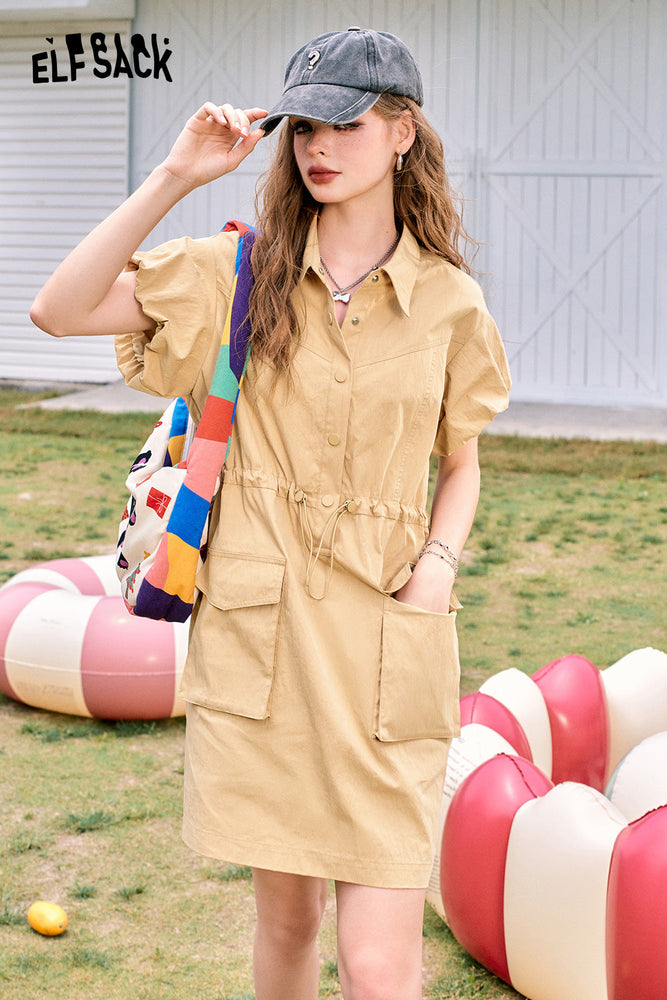 
                  
                    ELFSACK 2024 Summer New Arrivals Flying sleeves khaki waisted lapel casual slim workwear style dress for women
                  
                