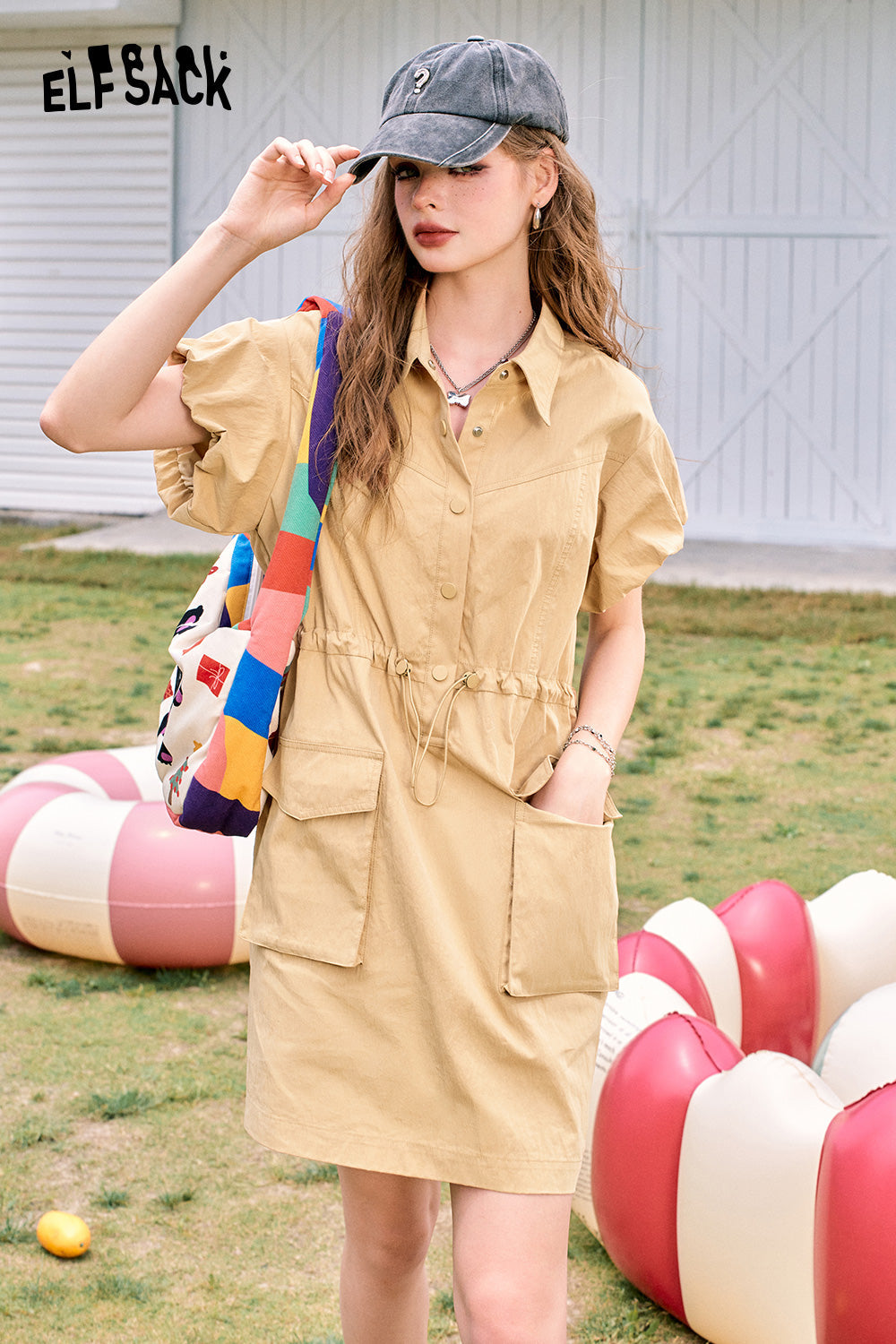 
                  
                    ELFSACK 2024 Summer New Arrivals Flying sleeves khaki waisted lapel casual slim workwear style dress for women
                  
                