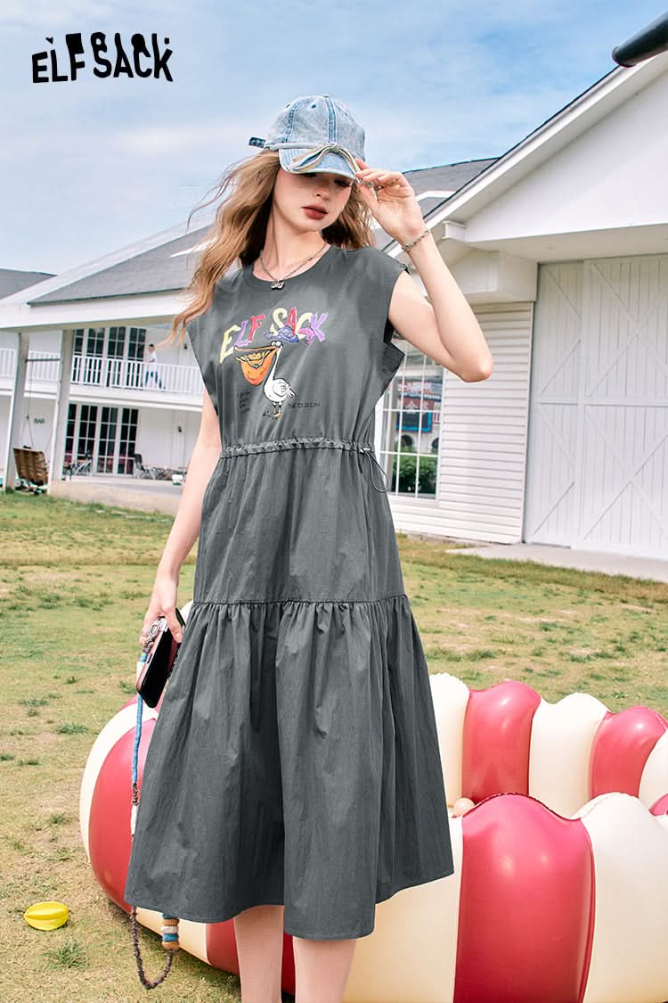 ELFSACK Grey holiday style casual letter print waist slimming vest sleeveless dress
