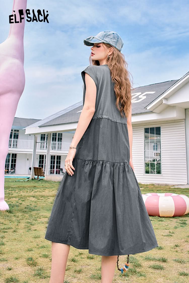 ELFSACK Grey holiday style casual letter print waist slimming vest sleeveless dress