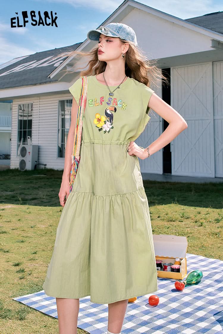 ELFSACK Grey holiday style casual letter print waist slimming vest sleeveless dress