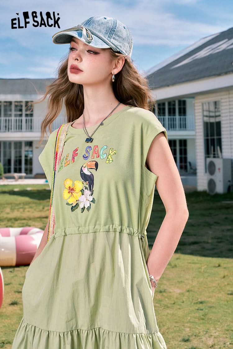 ELFSACK Grey holiday style casual letter print waist slimming vest sleeveless dress