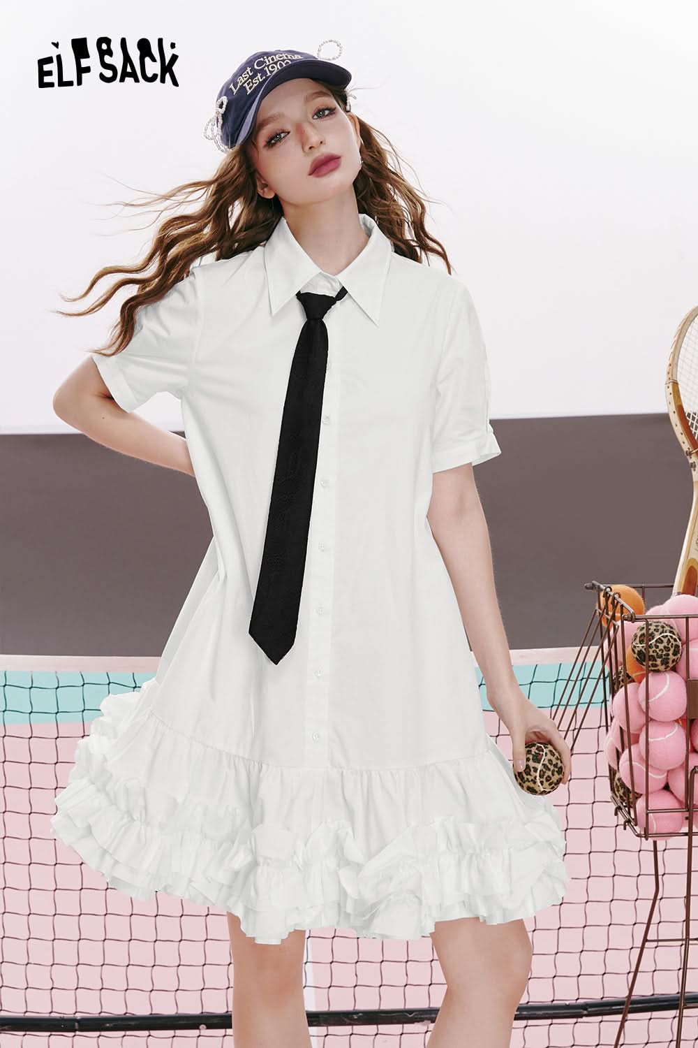 ELFSACK College style white gentle petite slim pleated shirt dress
