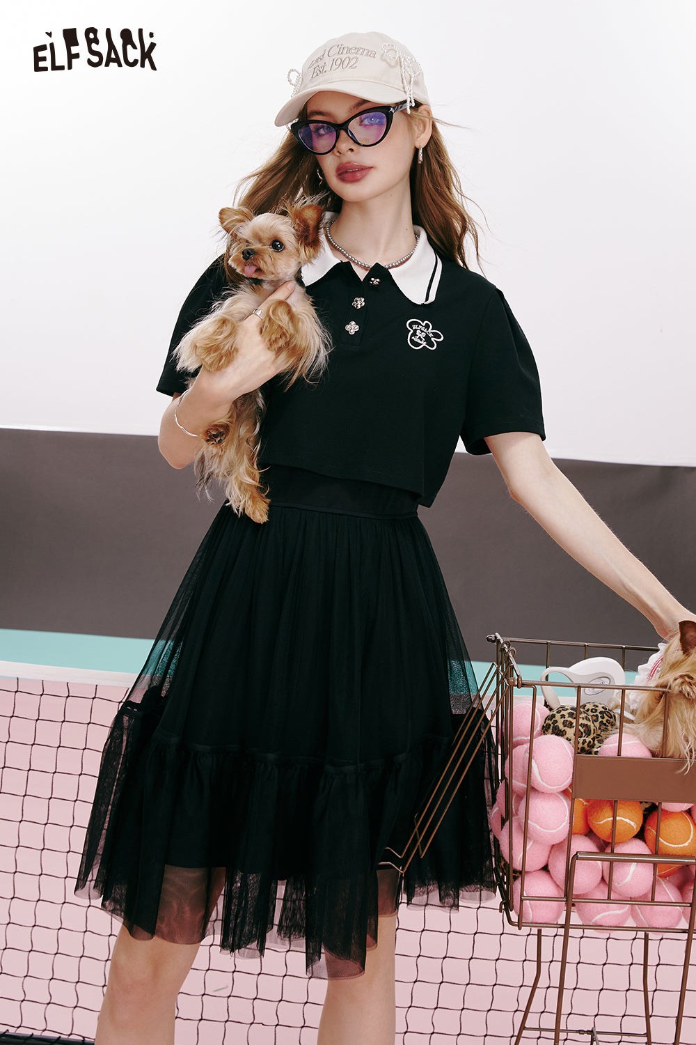ELFSACK College style suit collar black temperament age-reducing casual T-shirt suspender dress two-piece suit